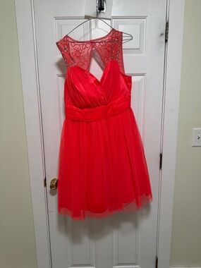 Deb Red Sleeveless Tulle Prom Dress with Beaded Illusion Back